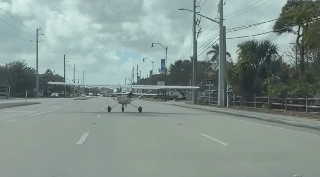 A driver in Jupiter was left stunned after spotting a Cessna plane on a Florida road following a successful emergency landing on the busy Indiantown Road street
