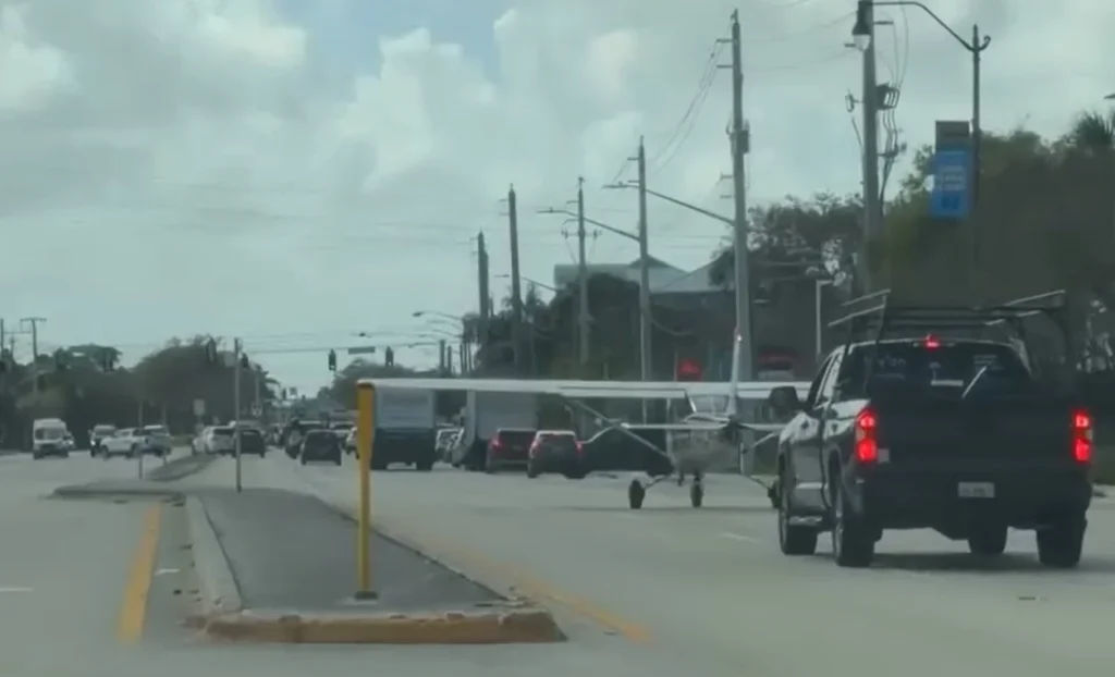 A driver in Jupiter was left stunned after spotting a Cessna plane on a Florida road following a successful emergency landing on the busy Indiantown Road street