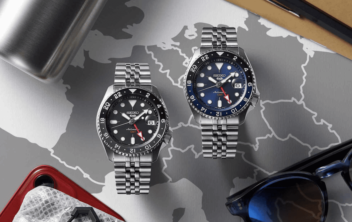 Seiko 5 Sports GMT range displayed against a map