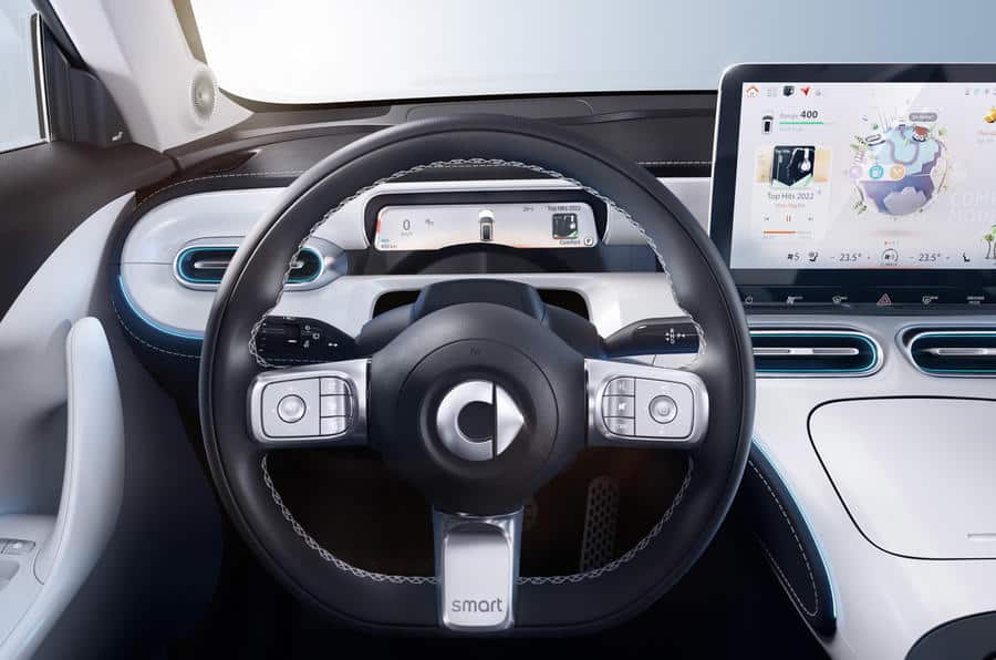 The interior of the Smart #1, from the driver's perspective.