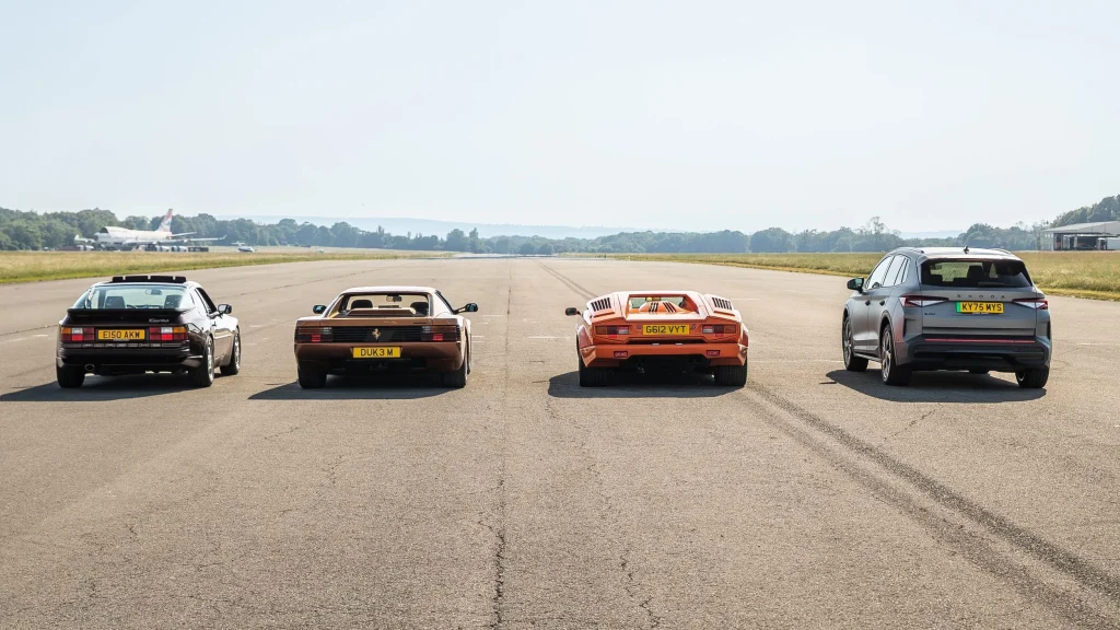 Somebody organized a drag race between a Ferrari Testarossa, a Lamborghini Countach, a Porsche 944 Turbo, and a modern Škoda EV