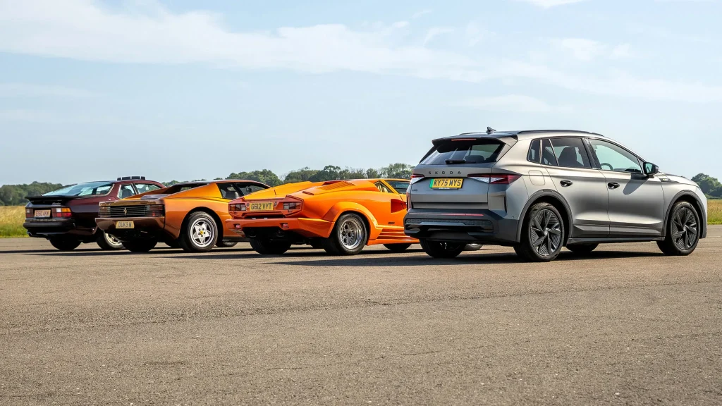 Somebody organized a drag race between a Ferrari Testarossa, a Lamborghini Countach, a Porsche 944 Turbo, and a modern Škoda EV
