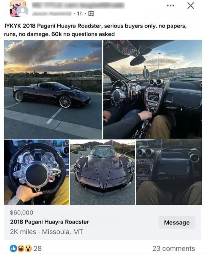Somebody was trying to sell a Pagani Huayra Roadster on Facebook Marketplace for $60,000