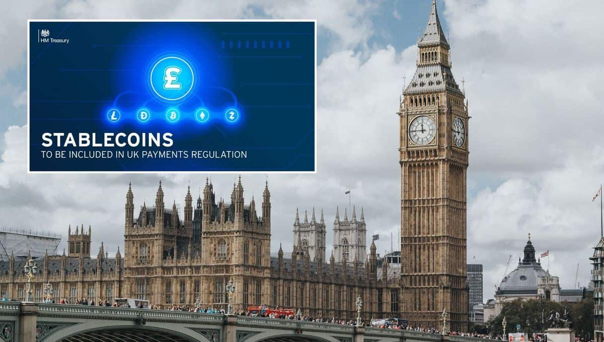Big Ben is pictured in London, UK, with an inset of Stablecoin. The UK wants to launch its own NFTs.