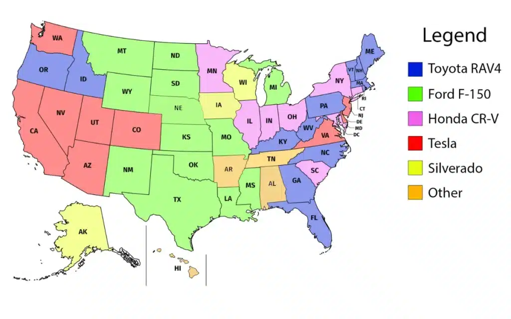 Most popular cars in each United States state