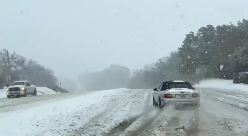 Miata in snow in Texas snow