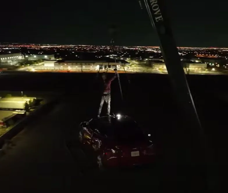 Steve-O craned his Tesla Model Y 120ft in the air outside the UFC HQ in Vegas to live in it and chaos ensued