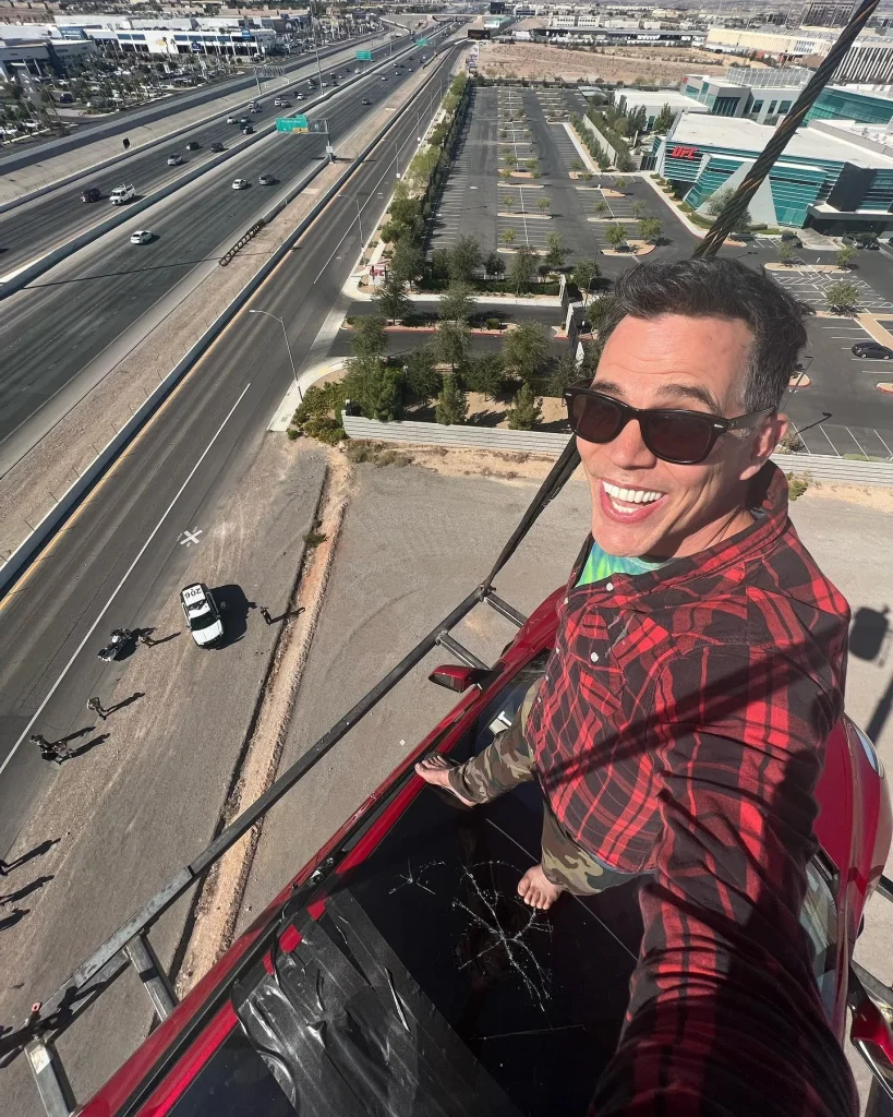 Steve-O craned his Tesla Model Y 120ft in the air outside the UFC HQ in Vegas to live in it and chaos ensued