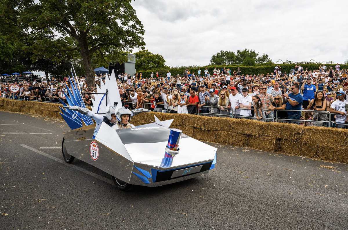 Supercar Blondie red bull soap box 2022 london being pushed downhill 