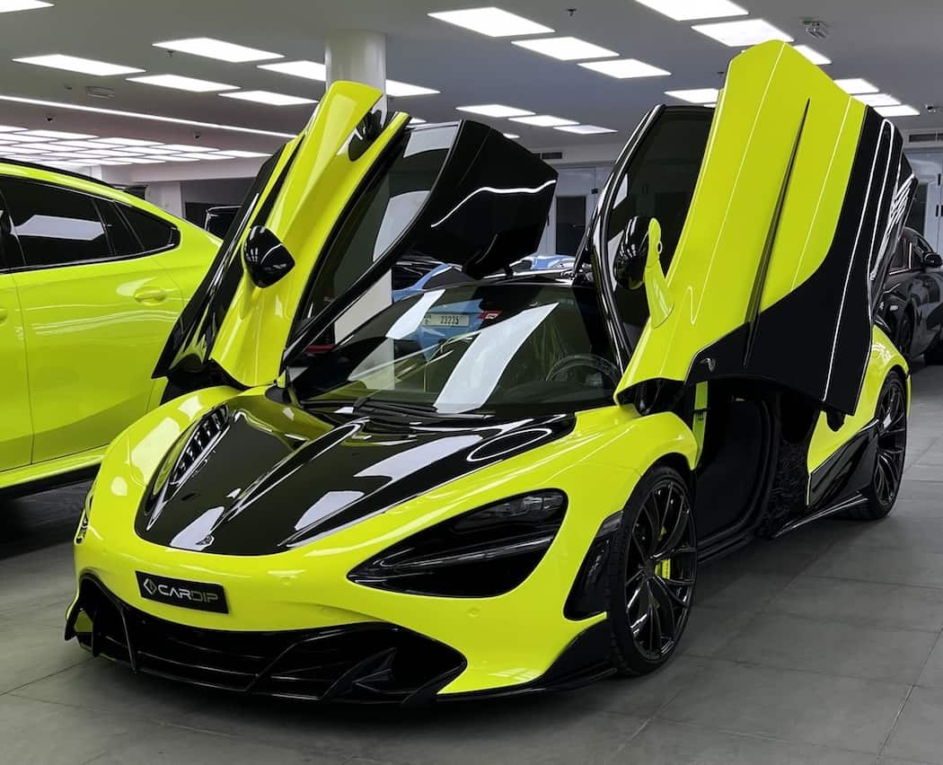 Supercar Blondie fluro yellow McLaren 720s from the front