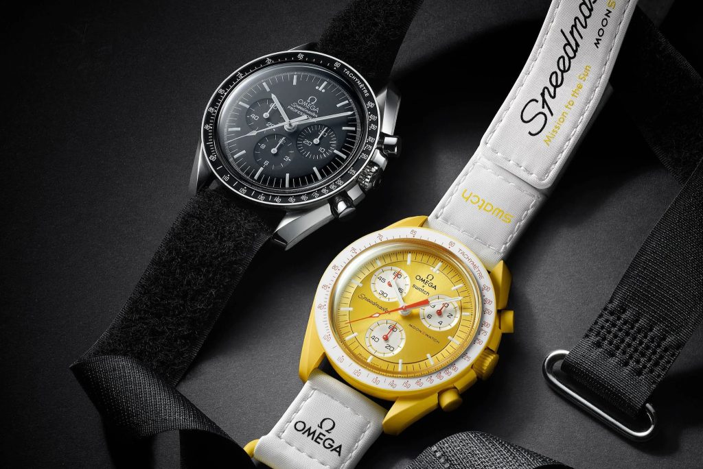 Swatch x Omega Moonswatch in black and yellow.
