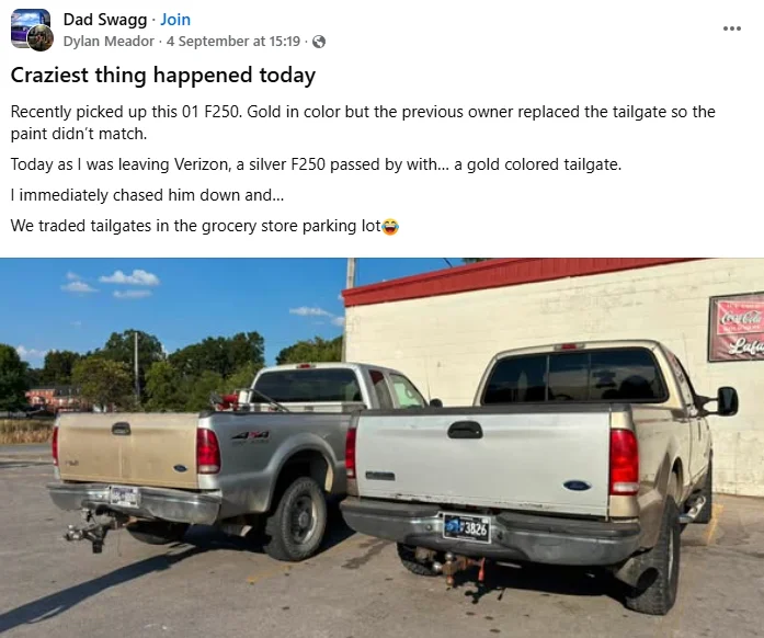 Two Tennessee strangers who own Ford F-250 trucks fixed a 20-year issue after meeting in parking lot and swapping mismatched tailgates