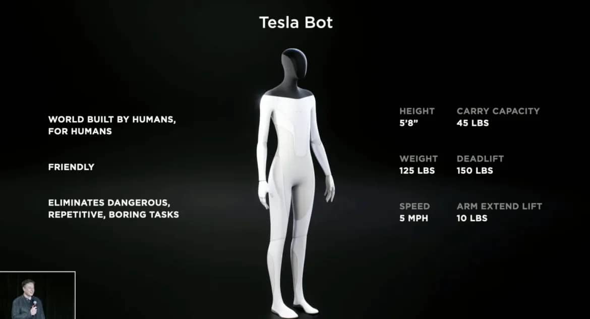 Tesla bot stands tall in full view graphic