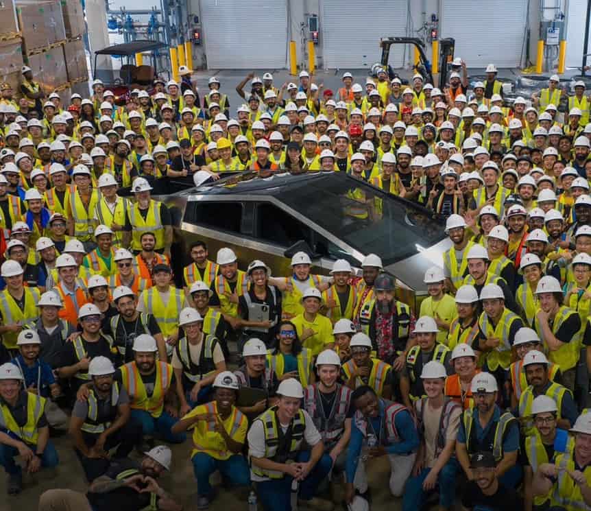 Tesla Cybertruck workers at the factory