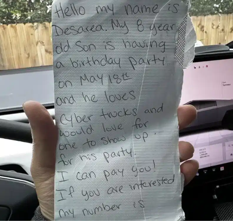 Mom saw a Tesla Cybertruck EV in LA and left a memorable handwritten note for the owner