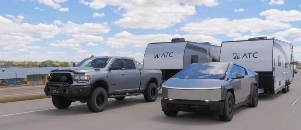 Tesla Cybertruck and Ram 2500 Cummins truck battled towing 8,000lb 28ft trailers and it ended with a clear diesel vs electric mismatch