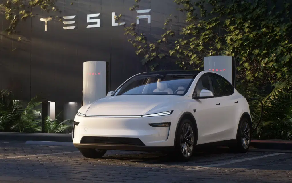 Tesla Model Y Juniper with customer striking deal with salesman in exotic car dealership for the EV with cash and gold Rolex