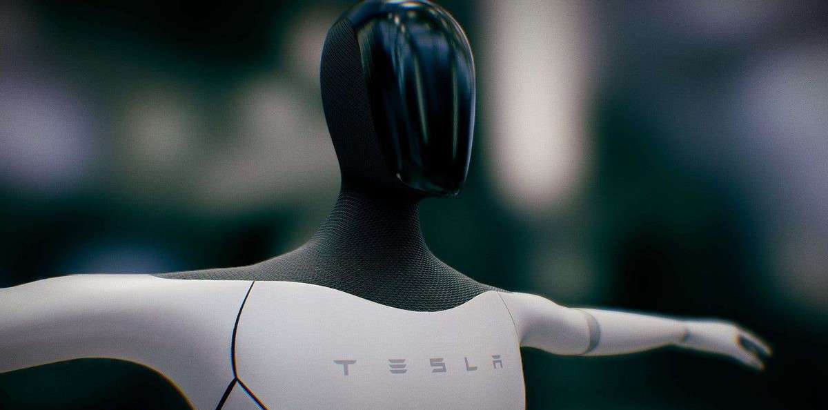 The Tesla Optimus robot with arms stretched open.