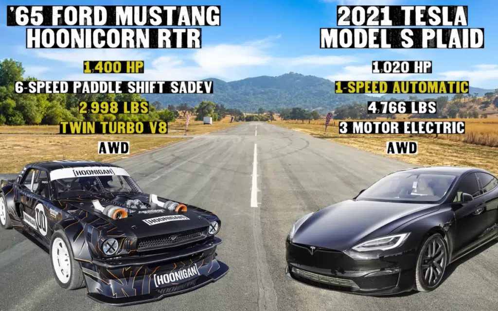 Tesla Model S Plaid vs AWD Mustang Drag Race