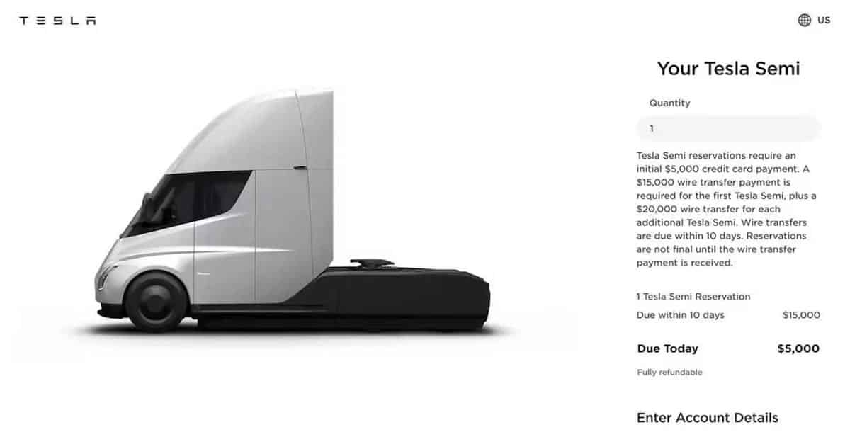 Tesla Semi reservation page on the EV company's website.