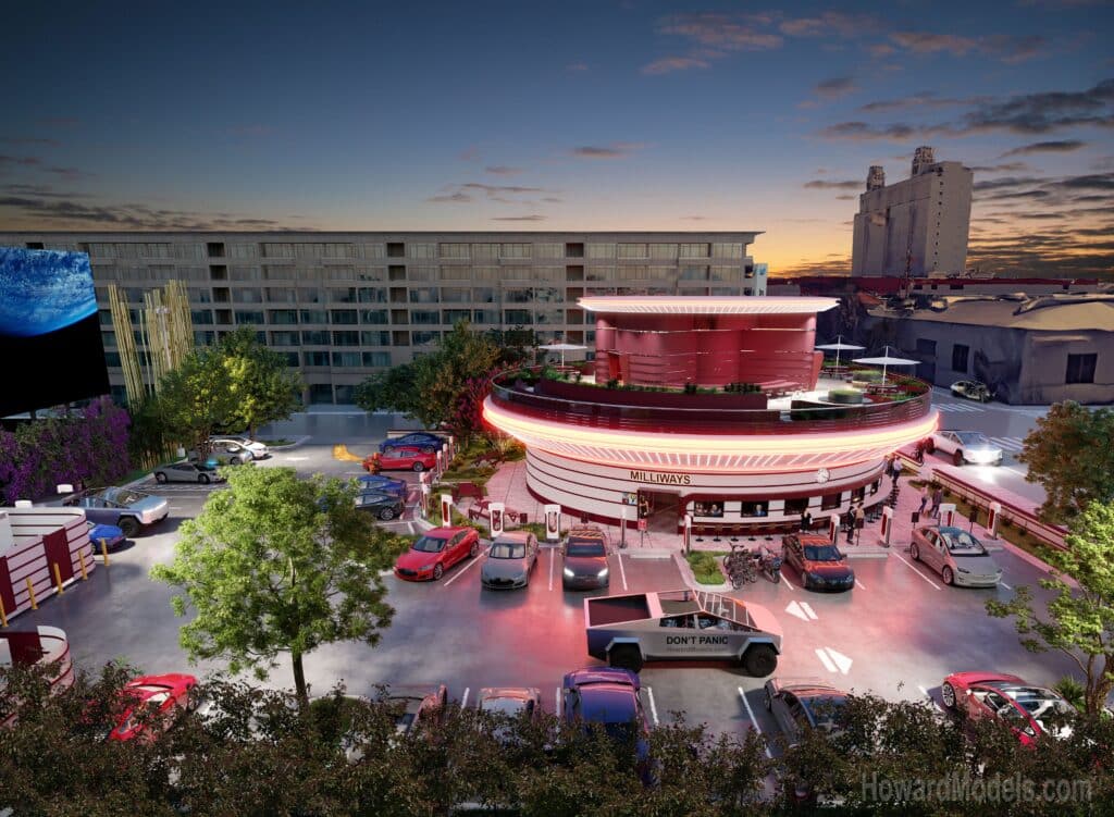 Tesla diner and drive-in movie theater supercharger