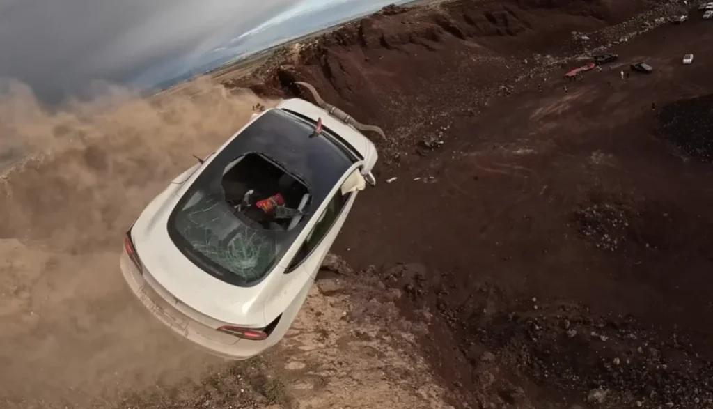 Man launched his Tesla off a cliff in one of the most extreme tests ever and the results were shocking