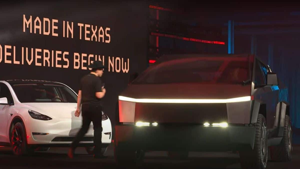 The Tesla founder next to a Cybertruck at the Cyber Rodeo in Texas.
