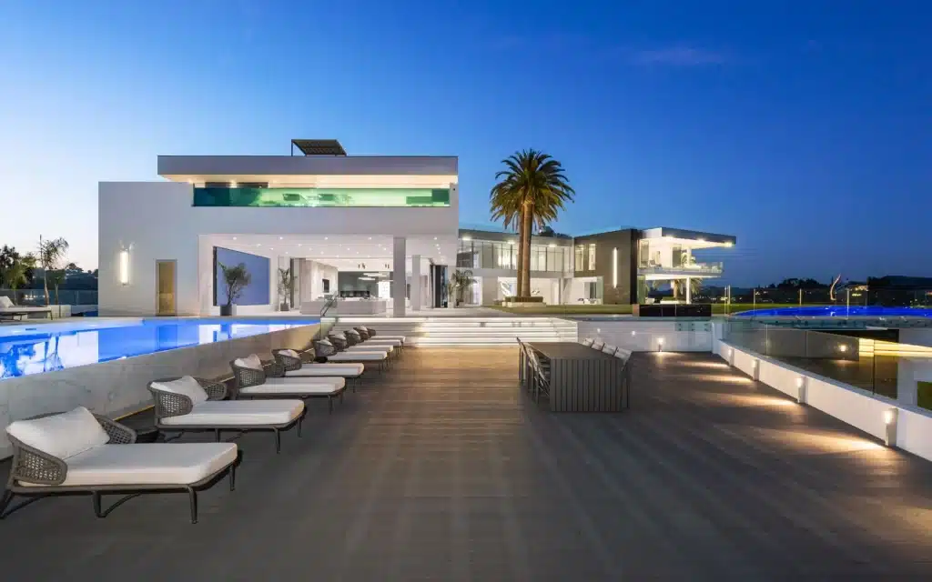 The most expensive house in the world features a luxurious outdoor pool area with views across Bel Air.