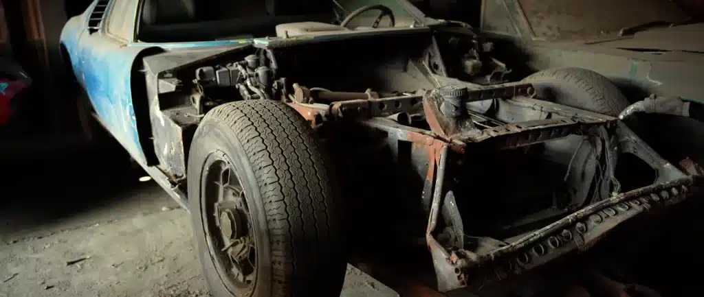 Blue abandoned Lamborghini Miura