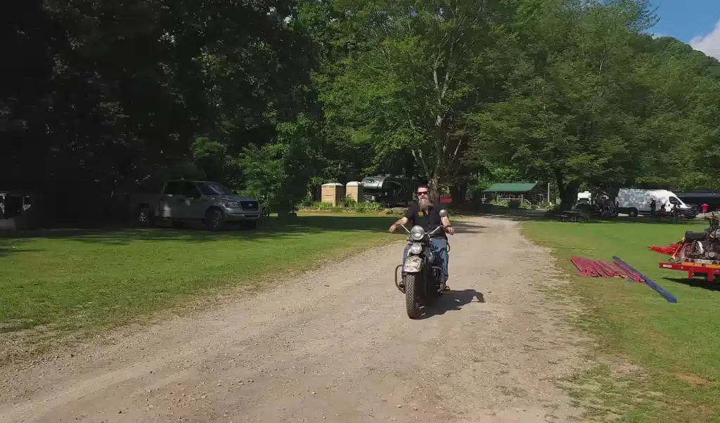 Matt driving classic Harley Davidson