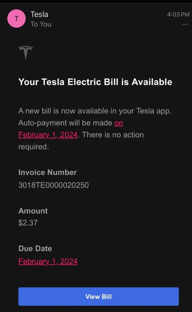 Incredibly low Tesla electric bill