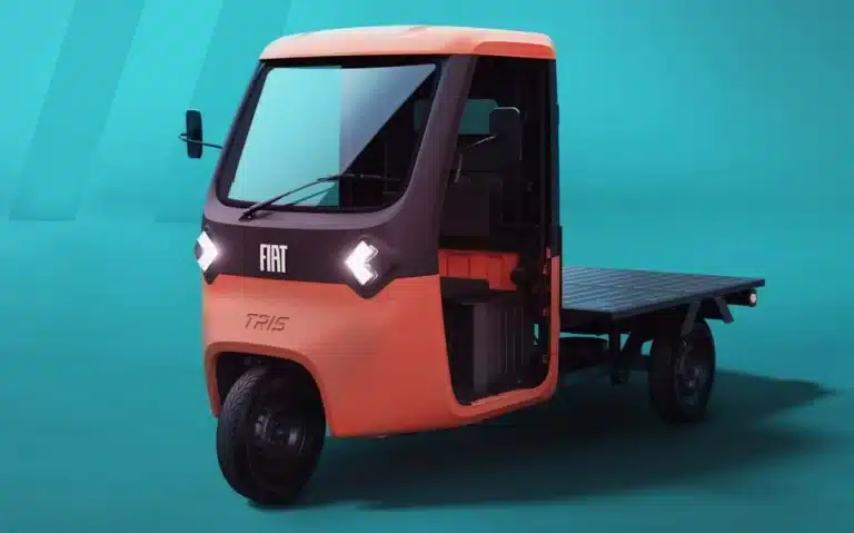 This is the new Fiat TRIS, a new tiny three-wheel pick-up EV inspired by an old icon