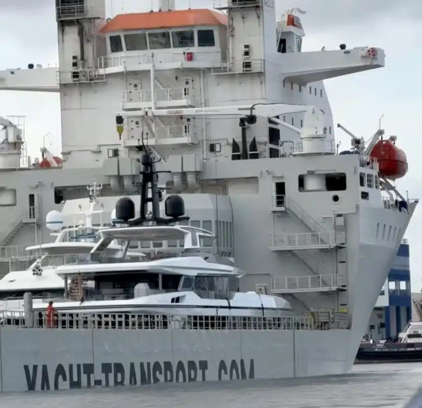 This is a yacht express, a 685-foot semi-submersible ship that carries yachts and superyachts across the Atlantic