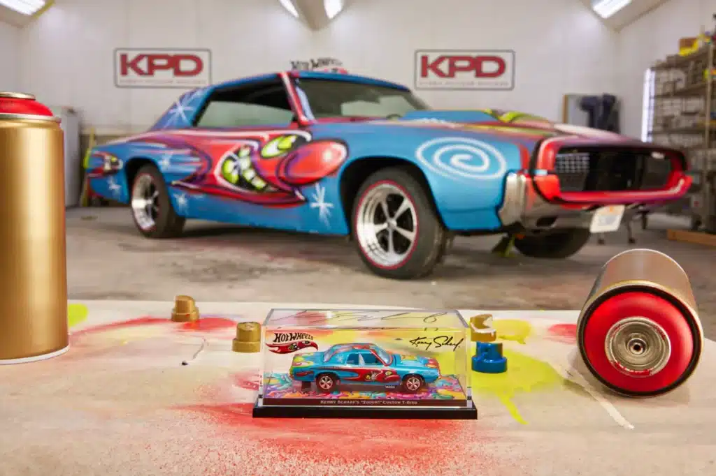 Hot Wheels Thunderbird full-size Hot Wheels car features Kenny Scharf art, custom Thunderbird design, art cars style, die-cast cars, and American Racing wheels