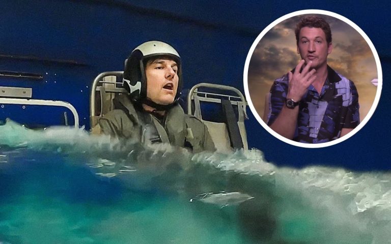 Miles Teller pictured in an inset and a main image of Top Gun: Maverick training.