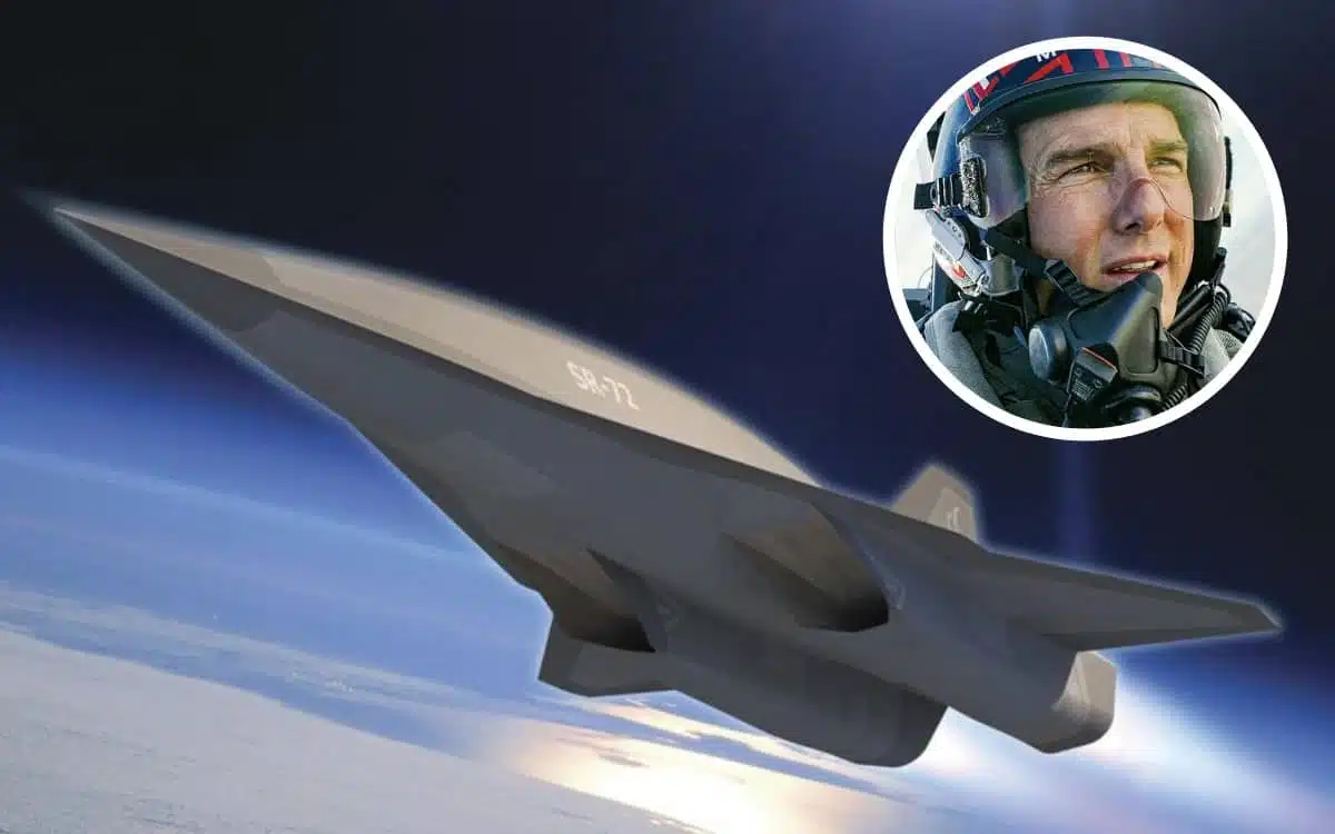 The SR-72 with an inset of Tom Cruise from Top Gun: Maverick.