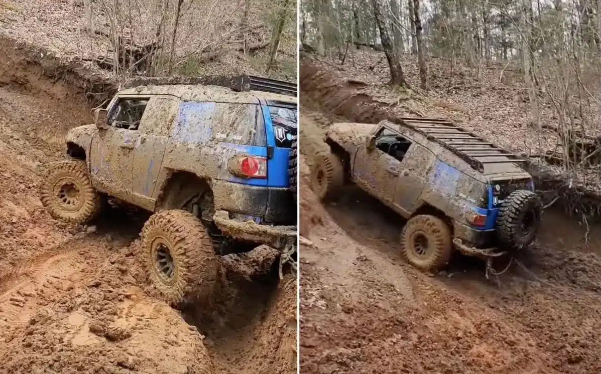 Toyota FJ Cruiser conquering steep hill in 4-foot deep rut proves it’s a car designed for gods
