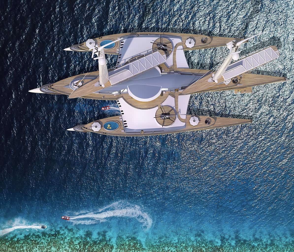 Trident concept yacht render from above 