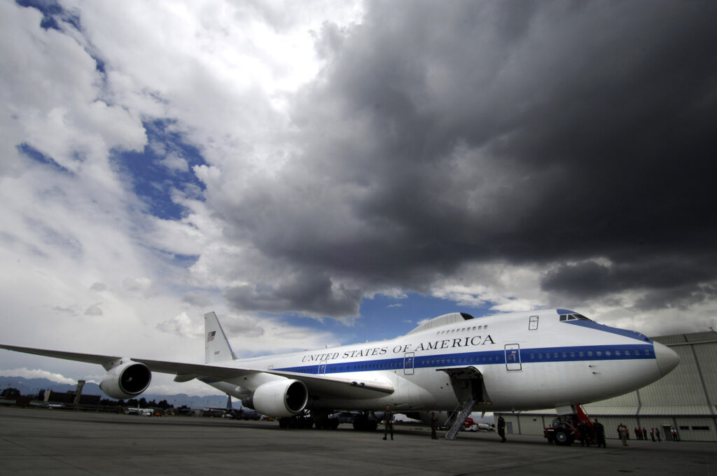 An Air Force E-4B National Airborne Operations Center aircraft aka Boeing Doomsday