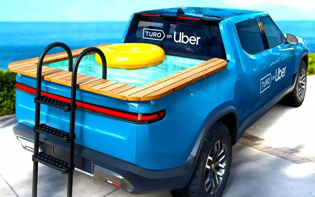 Uber and Turo celebrated their new partnership by literally turning the truck bed of a Rivian R1T into a swimming pool, which they called the 'Pool Truck'