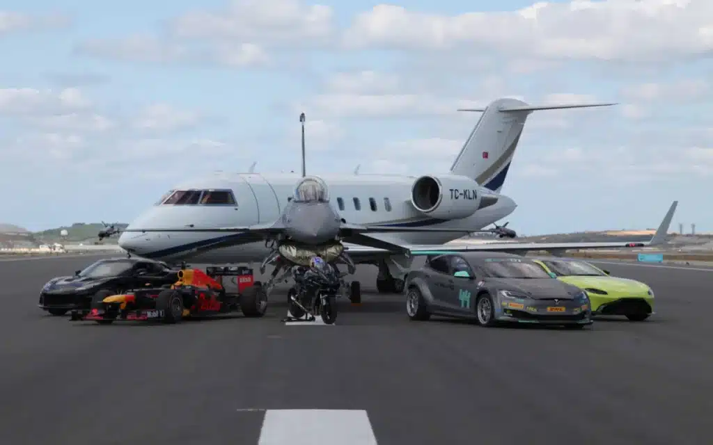 The quickest vehicles collided in the ultimate drag race, including a Lotus supercar, a Kawasaki bike, a Red Bull F1 car, a private jet, and an F16 fighter jet