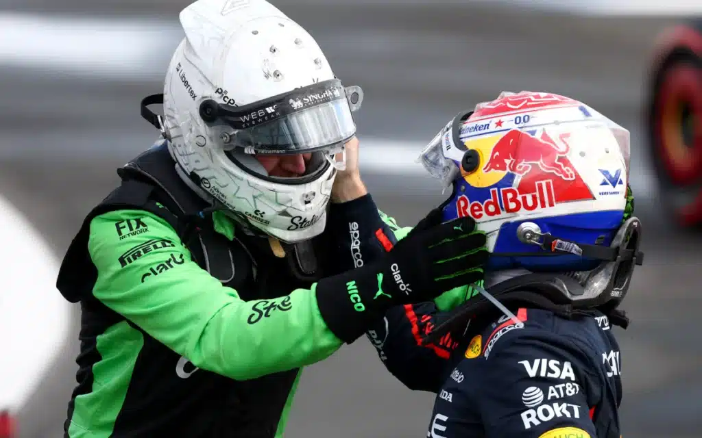 Max Verstappen congratulates Nico Hulkenberg after his first podium finish