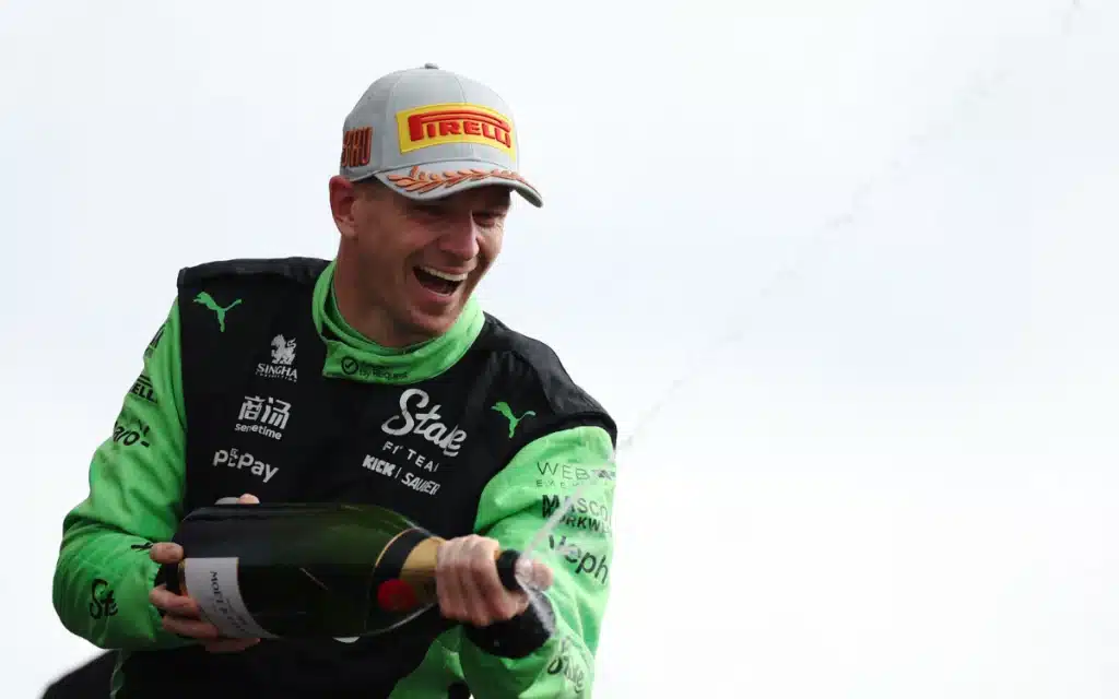 Nico Hulkenberg celebrates his first F1 podium finish