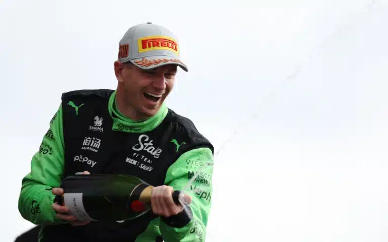Nico Hulkenberg celebrates his first F1 podium finish