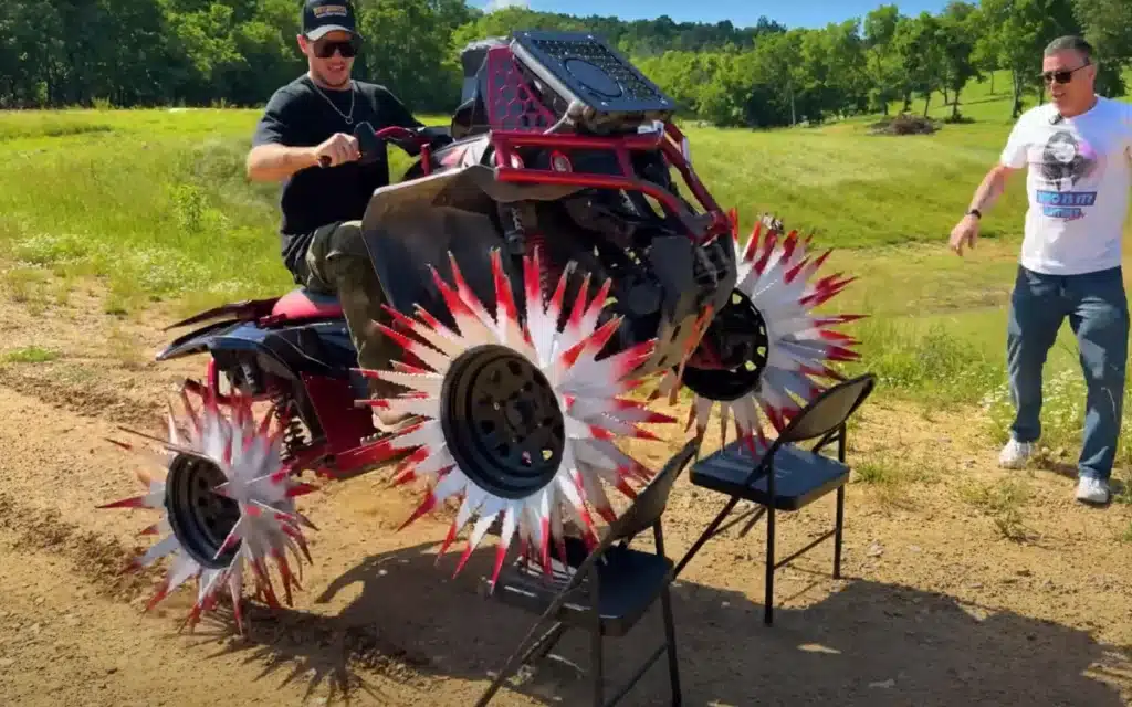 Indiana man creates demolition machine to tear down everything by putting spiked wheels on four-wheeler