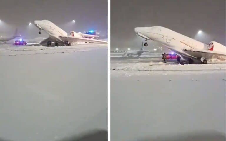 German plane about to take off freezes on runway in wild footage