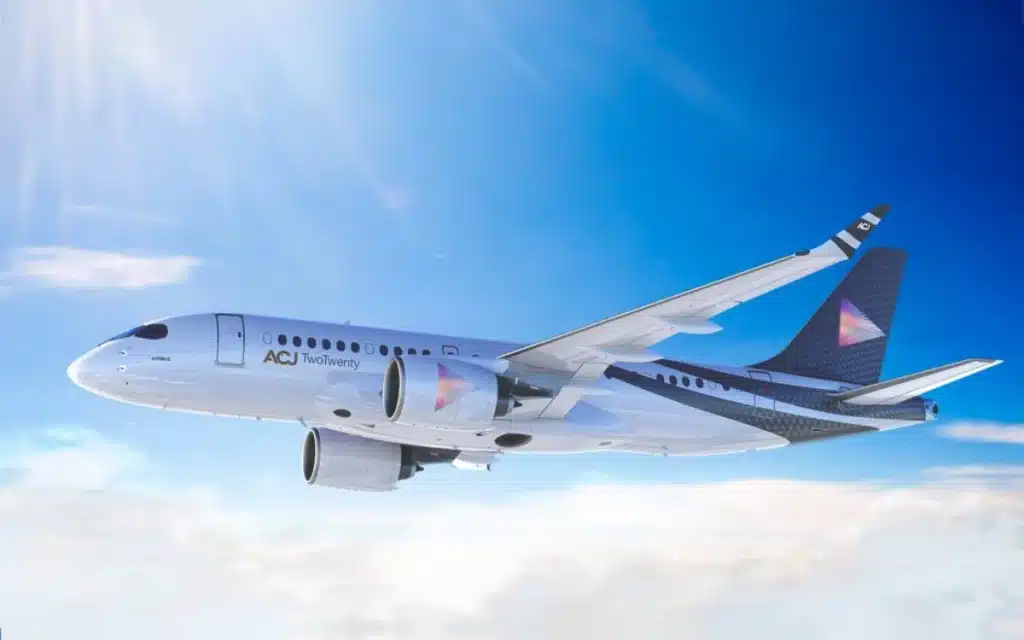 This Dubai Jet, the 9H-FIVE, is built on the Airbus ACJ TwoTwenty platform