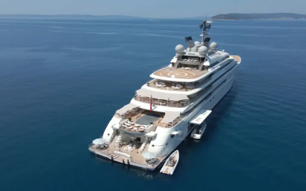 The Abu Dhabi prince’s superyacht, known as the Opera superyacht, just turned Albania’s busiest port into a royal backdrop.