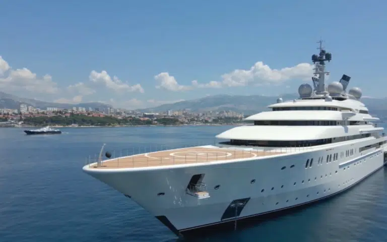 The Abu Dhabi prince’s superyacht, known as the Opera superyacht, just turned Albania’s busiest port into a royal backdrop.