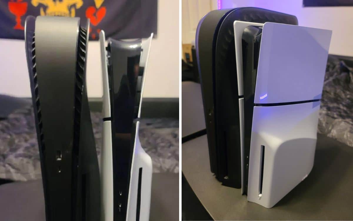 The slimmer new PS5 and the original PS5 side-by-side
